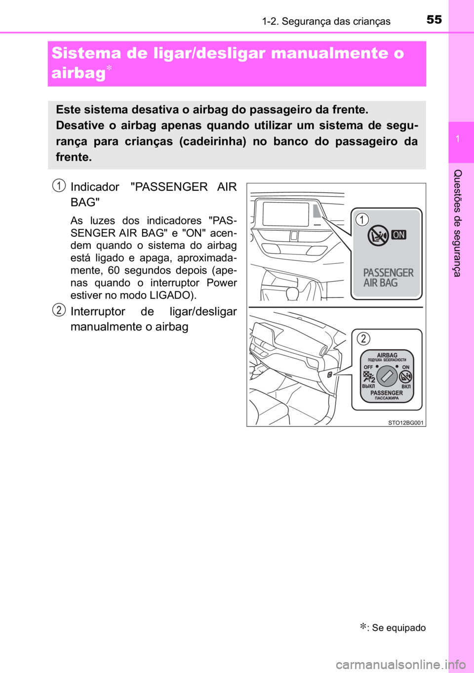 TOYOTA C-HR 2022  Manual de utilização (in Portuguese) 55������6�H�J�X�U�D�Q�o�D��G�D�V��F�U�L�D�Q�o�D�V
�
�4�X�H�V�W�}�H�V��G�H��V�H�J�X�U�D�Q�o�D
Sistema de ligar/desligar manualmente o 
airbag
∗
�,�Q�G�L�F�D�G�R�U� ��3�$�6�6�(�1�*�(�5� �