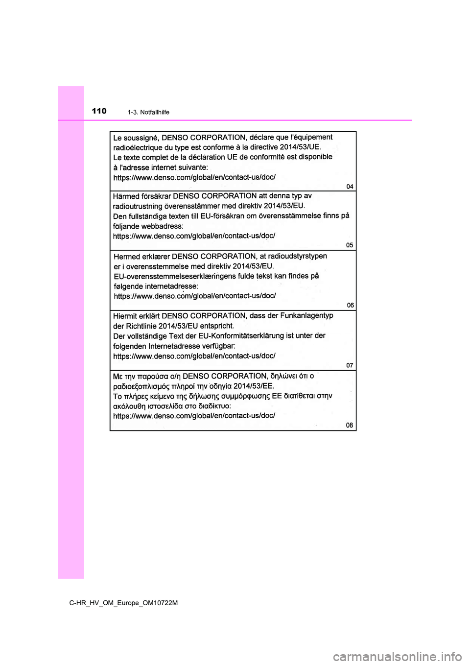 TOYOTA C-HR 2022  Betriebsanleitungen (in German) 1101-3. Notfallhilfe
C-HR_HV_OM_Europe_OM10722M 