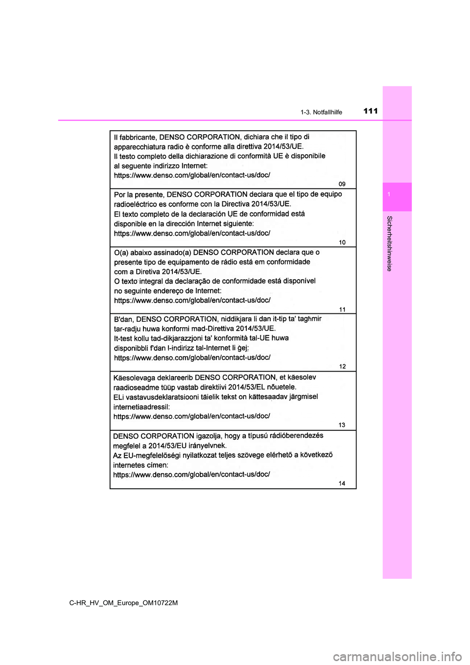 TOYOTA C-HR 2022  Betriebsanleitungen (in German) 1111-3. Notfallhilfe
1
Sicherheitshinweise
C-HR_HV_OM_Europe_OM10722M 