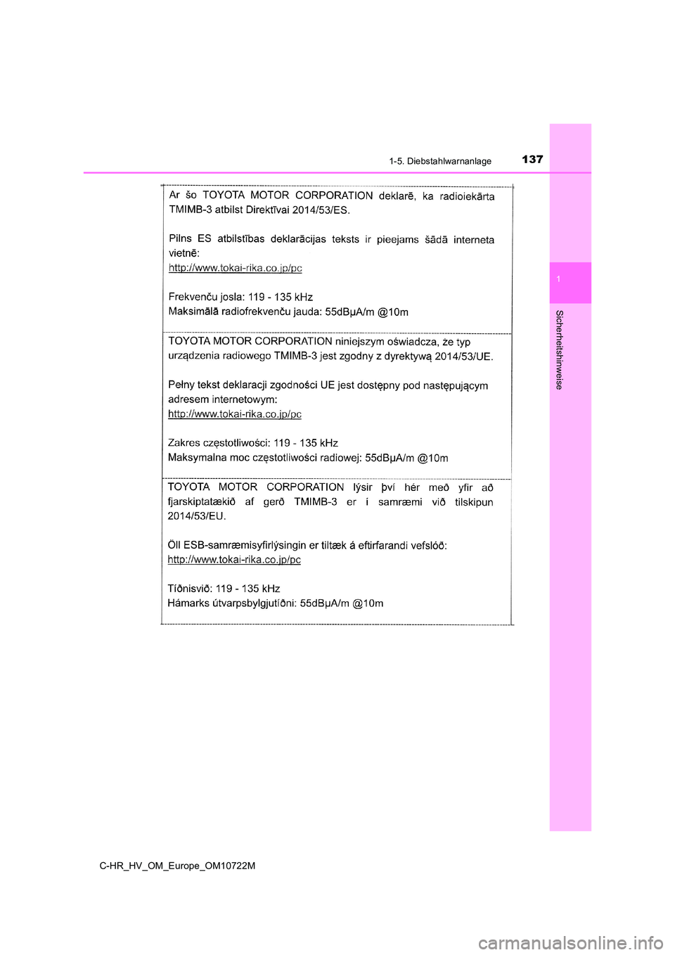 TOYOTA C-HR 2022  Betriebsanleitungen (in German) 1371-5. Diebstahlwarnanlage
1
Sicherheitshinweise
C-HR_HV_OM_Europe_OM10722M 