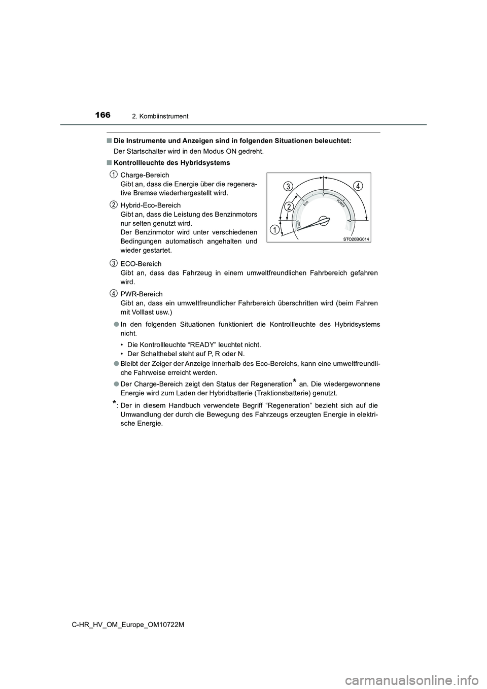 TOYOTA C-HR 2022  Betriebsanleitungen (in German) 1662. Kombiinstrument
C-HR_HV_OM_Europe_OM10722M
■Die Instrumente und Anzeigen sind in folgenden Situationen beleuchtet: 
Der Startschalter wird in den Modus ON gedreht. 
■ Kontrollleuchte des Hyb