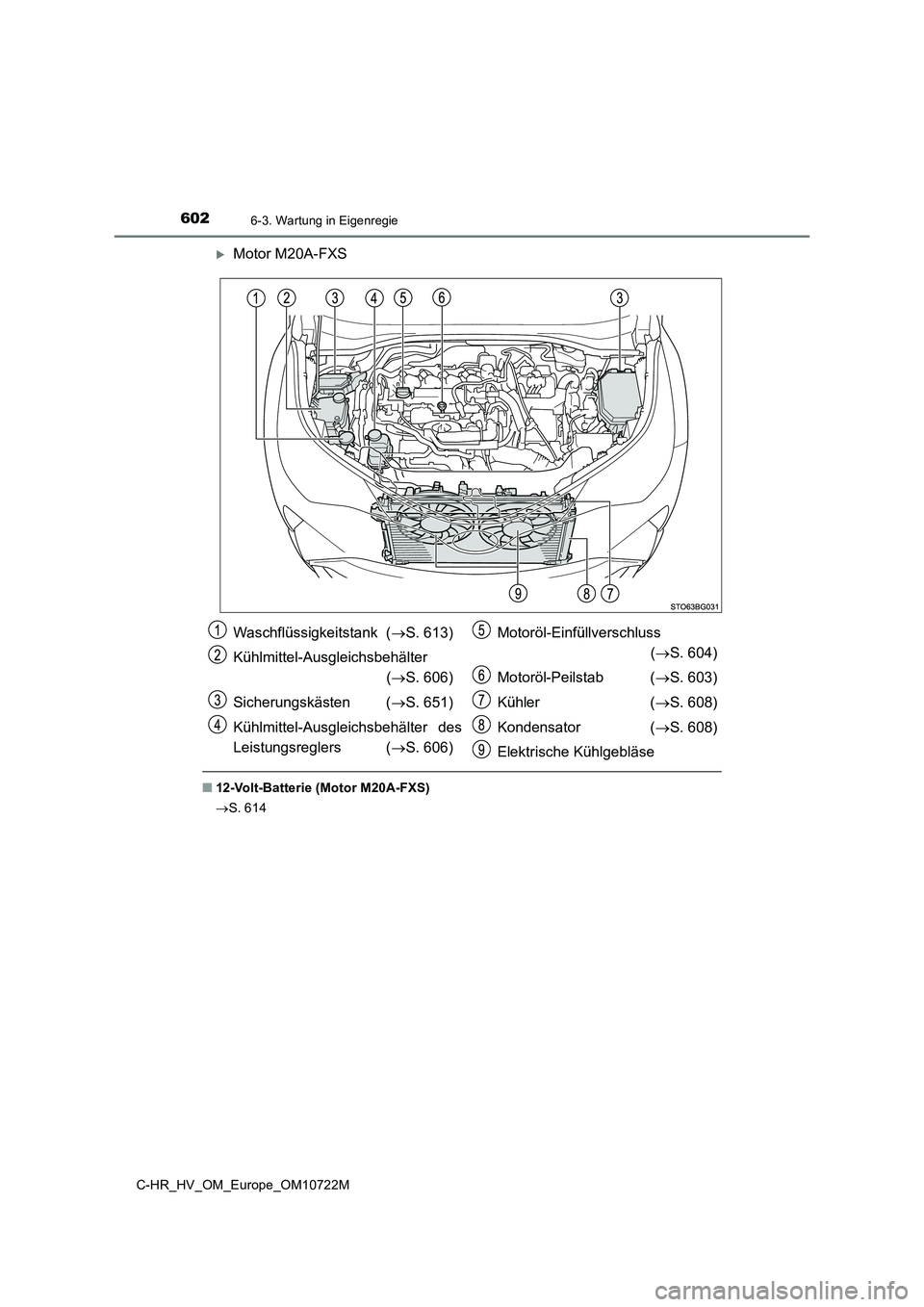 TOYOTA C-HR 2022  Betriebsanleitungen (in German) 6026-3. Wartung in Eigenregie
C-HR_HV_OM_Europe_OM10722M
Motor M20A-FXS
■12-Volt-Batterie (Motor M20A-FXS) 
 S. 614
Waschflüssigkeitstank  (S. 613) 
Kühlmittel-Ausgleichsbehälter 
( S
