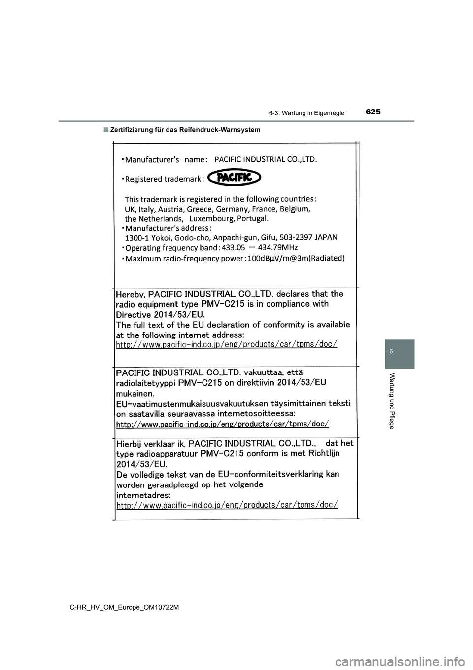 TOYOTA C-HR 2022  Betriebsanleitungen (in German) 6256-3. Wartung in Eigenregie
C-HR_HV_OM_Europe_OM10722M
6
Wartung und Pflege
■Zertifizierung für das Reifendruck-Warnsystem 