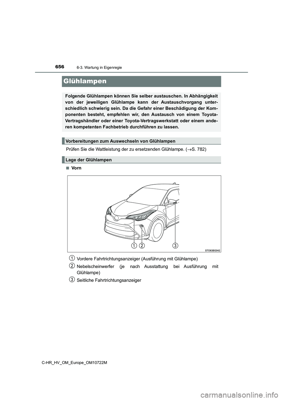 TOYOTA C-HR 2022  Betriebsanleitungen (in German) 6566-3. Wartung in Eigenregie
C-HR_HV_OM_Europe_OM10722M
Glühlampen
Prüfen Sie die Wattleistung der zu ersetzenden Glühlampe. (S. 782)
■Vo r n
Folgende Glühlampen können Sie selber austausch