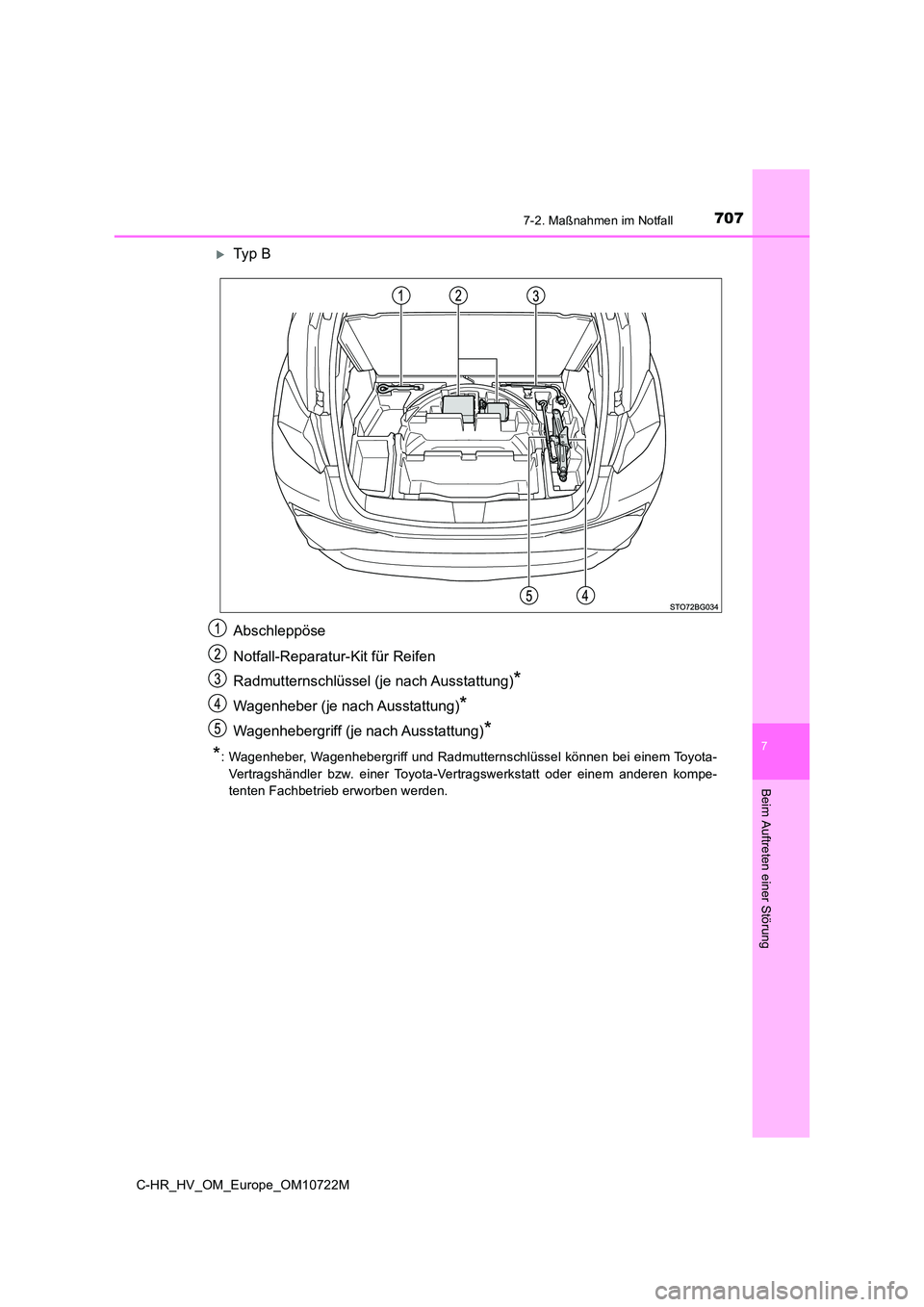 TOYOTA C-HR 2022  Betriebsanleitungen (in German) 7077-2. Maßnahmen im Notfall
C-HR_HV_OM_Europe_OM10722M
7
Beim Auftreten einer Störung
Ty p   B 
Abschleppöse 
Notfall-Reparatur-Kit für Reifen 
Radmutternschlüssel (je nach Ausstattung)*
Wage