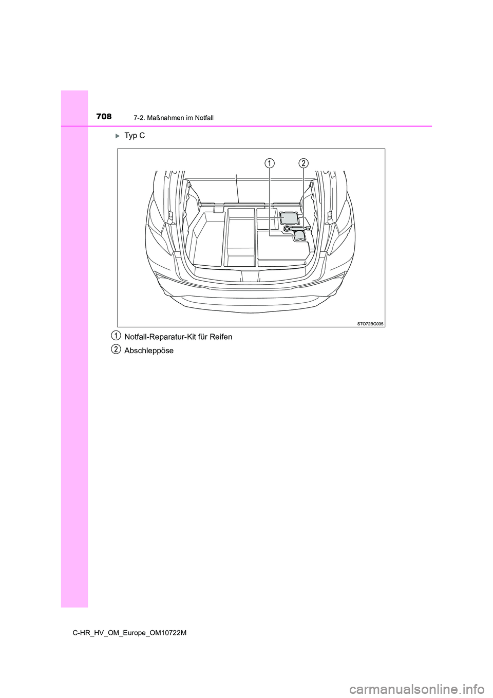 TOYOTA C-HR 2022  Betriebsanleitungen (in German) 7087-2. Maßnahmen im Notfall
C-HR_HV_OM_Europe_OM10722M
Ty p   C 
Notfall-Reparatur-Kit für Reifen 
Abschleppöse 