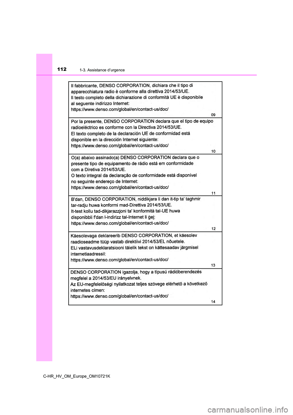 TOYOTA C-HR 2022  Notices Demploi (in French) 1121-3. Assistance d’urgence
C-HR_HV_OM_Europe_OM10721K 