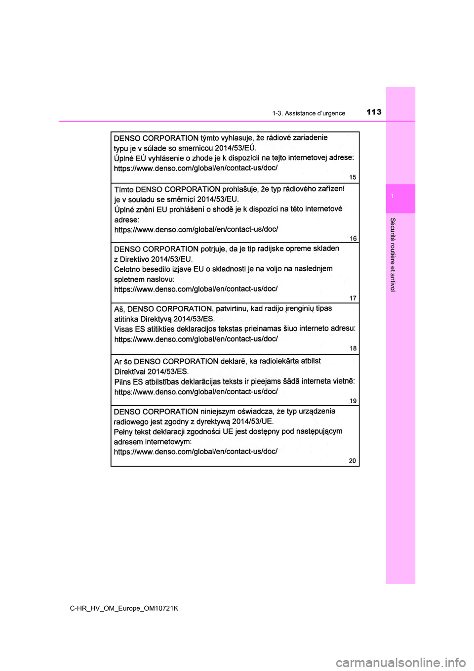 TOYOTA C-HR 2022  Notices Demploi (in French) 1131-3. Assistance d’urgence
1
Sécurité routière et antivol
C-HR_HV_OM_Europe_OM10721K 