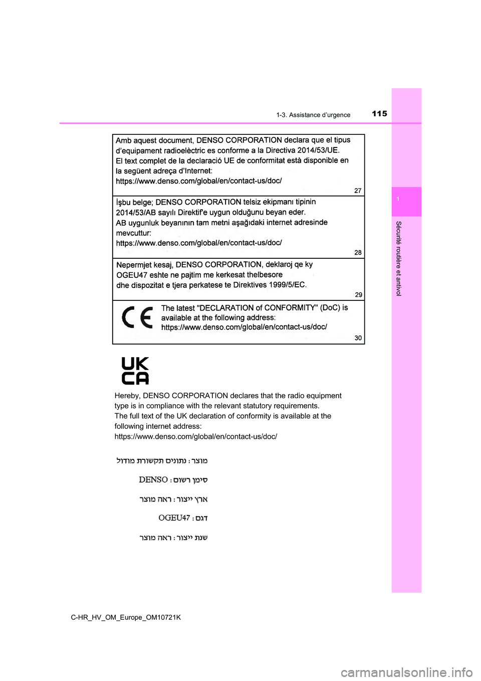 TOYOTA C-HR 2022  Notices Demploi (in French) 1151-3. Assistance d’urgence
1
Sécurité routière et antivol
C-HR_HV_OM_Europe_OM10721K 