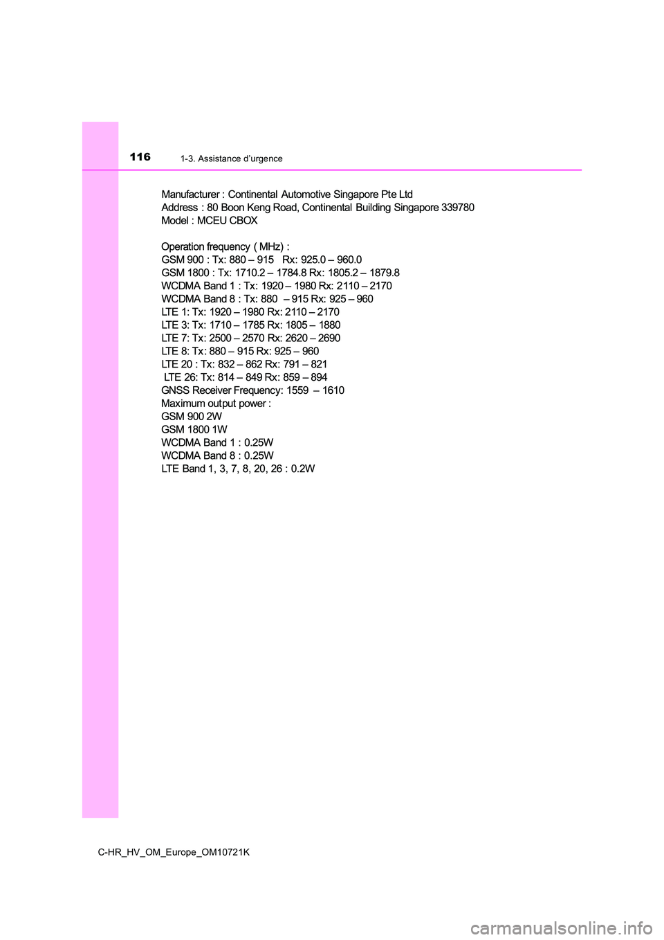 TOYOTA C-HR 2022  Notices Demploi (in French) 1161-3. Assistance d’urgence
C-HR_HV_OM_Europe_OM10721K 