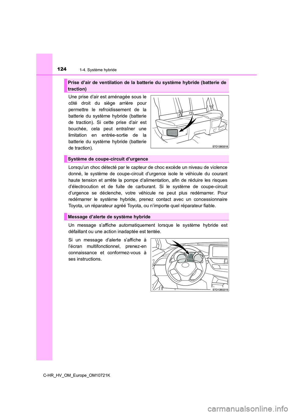 TOYOTA C-HR 2022 Notices Demploi (in French) 1241-4. Système hybride
C-HR_HV_OM_Europe_OM10721K
Une prise d’air est aménagée sous le
côté droit du siège arrière pour
permettre le refroidissement de la
batterie du système TOYOTA C-HR 2022 Notices Demploi (in French) 1241-4. Système hybride
C-HR_HV_OM_Europe_OM10721K
Une prise d’air est aménagée sous le
côté droit du siège arrière pour
permettre le refroidissement de la
batterie du système