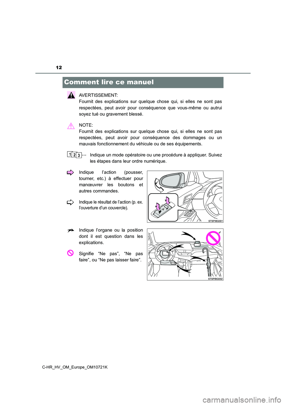 TOYOTA C-HR 2022  Notices Demploi (in French) 12
C-HR_HV_OM_Europe_OM10721K
Comment lire ce manuel
AVERTISSEMENT:  
Fournit  des  explications  sur  quelque  chose  qui,  si  elles  ne  son t  pas 
respectées,  peut  avoir  pour  conséquence  q