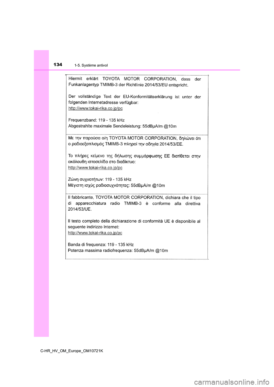 TOYOTA C-HR 2022  Notices Demploi (in French) 1341-5. Système antivol
C-HR_HV_OM_Europe_OM10721K 