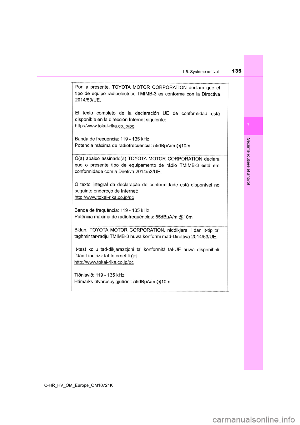 TOYOTA C-HR 2022  Notices Demploi (in French) 1351-5. Système antivol
1
Sécurité routière et antivol
C-HR_HV_OM_Europe_OM10721K 