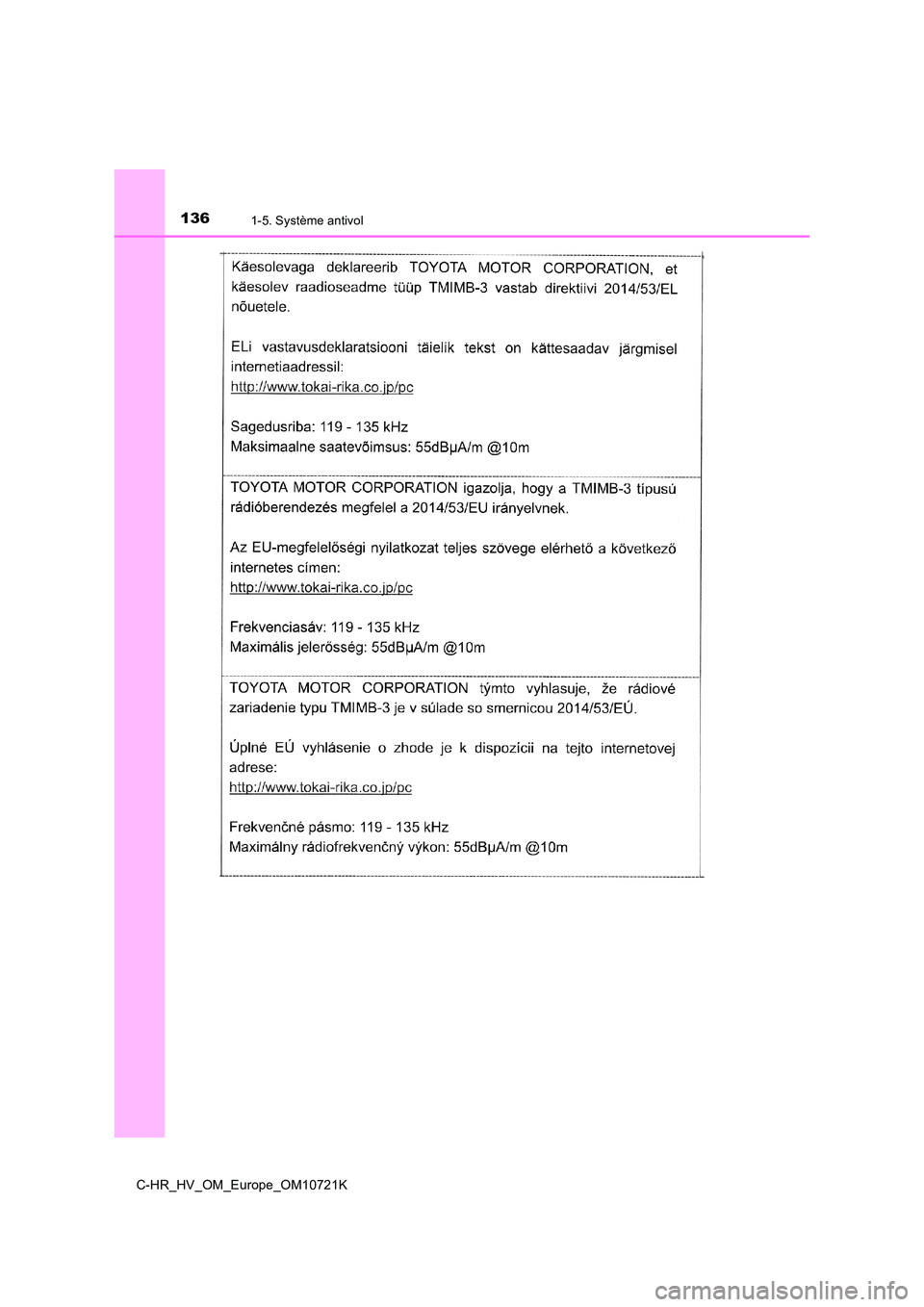 TOYOTA C-HR 2022  Notices Demploi (in French) 1361-5. Système antivol
C-HR_HV_OM_Europe_OM10721K 