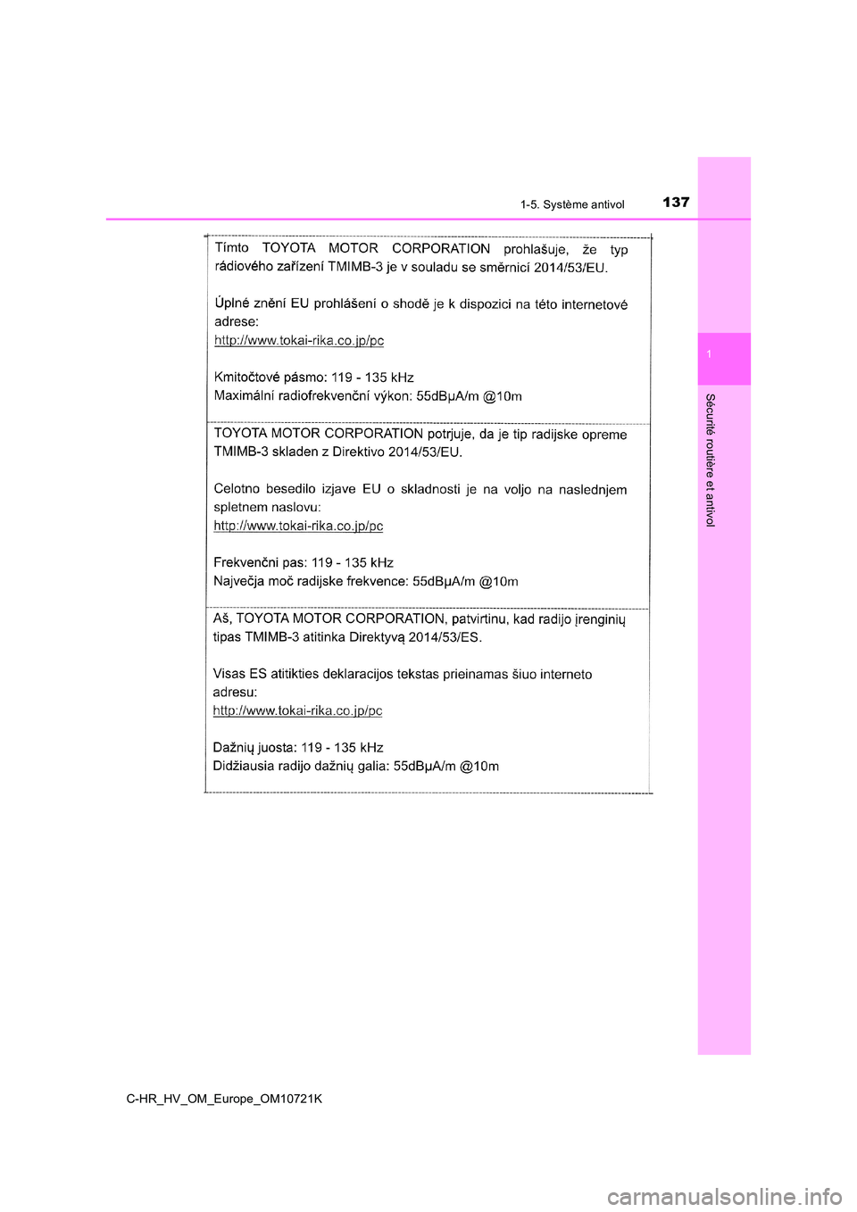 TOYOTA C-HR 2022  Notices Demploi (in French) 1371-5. Système antivol
1
Sécurité routière et antivol
C-HR_HV_OM_Europe_OM10721K 