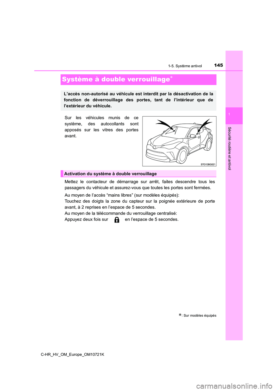 TOYOTA C-HR 2022  Notices Demploi (in French) 145
1
1-5. Système antivol
Sécurité routière et antivol
C-HR_HV_OM_Europe_OM10721K
Système à double verrouillage
Sur  les  véhicules  munis  de  ce 
système,  des  autocollants  sont 
appos