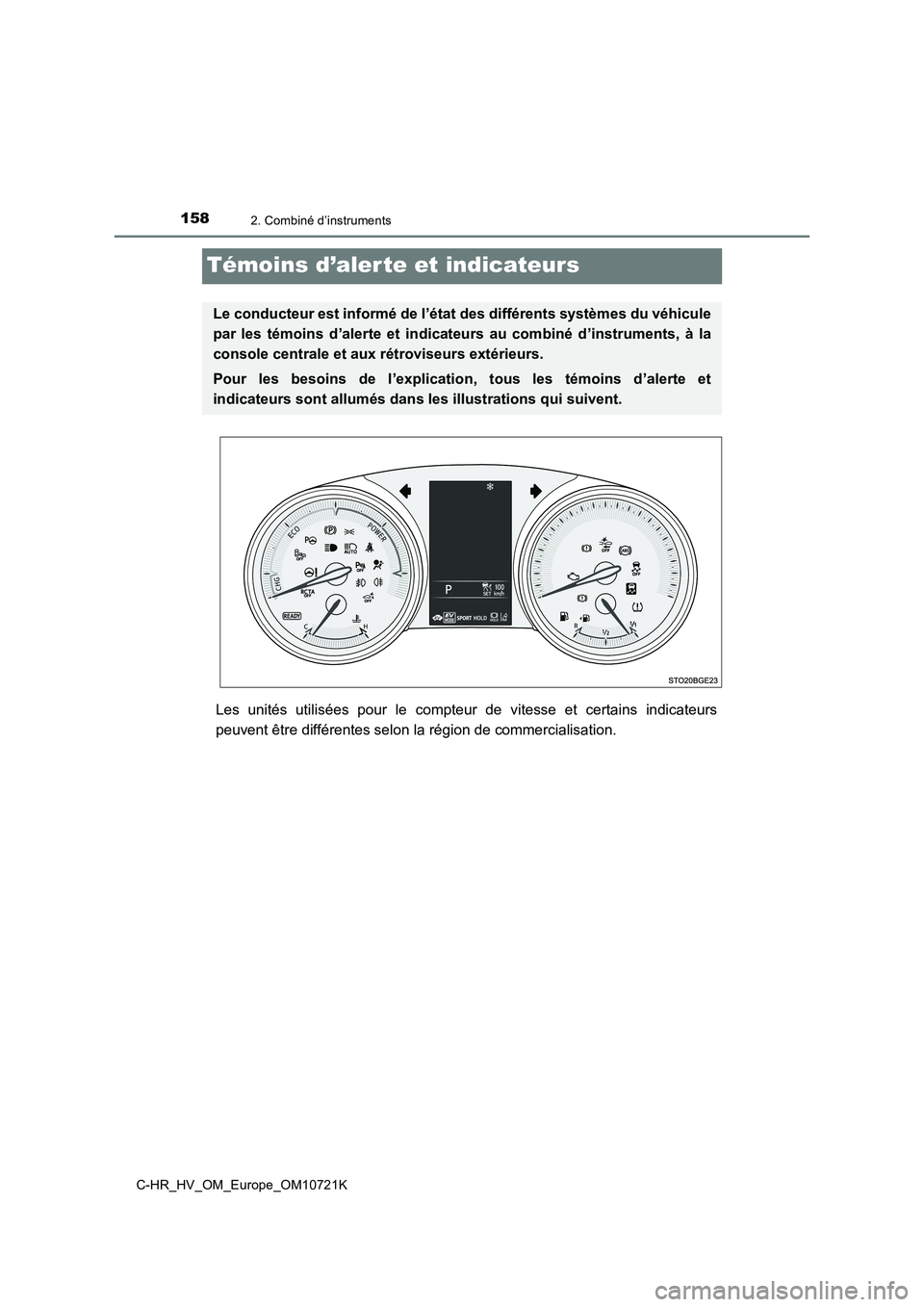 TOYOTA C-HR 2022  Notices Demploi (in French) 1582. Combiné d’instruments
C-HR_HV_OM_Europe_OM10721K
Témoins d’aler te et indicateurs
Les  unités  utilisées  pour  le  compteur  de  vitesse  et  certains  indicateurs 
peuvent être diffé