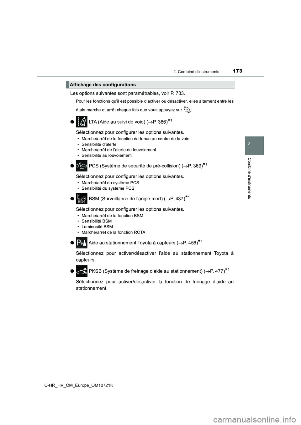 TOYOTA C-HR 2022 Notices Demploi (in French) 1732. Combiné d’instruments
2
Combiné d’instruments
C-HR_HV_OM_Europe_OM10721K
Les options suivantes sont paramétrables, voir P. 783.
Pour les fonctions qu’il est possible d’activer ou dés TOYOTA C-HR 2022 Notices Demploi (in French) 1732. Combiné d’instruments
2
Combiné d’instruments
C-HR_HV_OM_Europe_OM10721K
Les options suivantes sont paramétrables, voir P. 783.
Pour les fonctions qu’il est possible d’activer ou dés