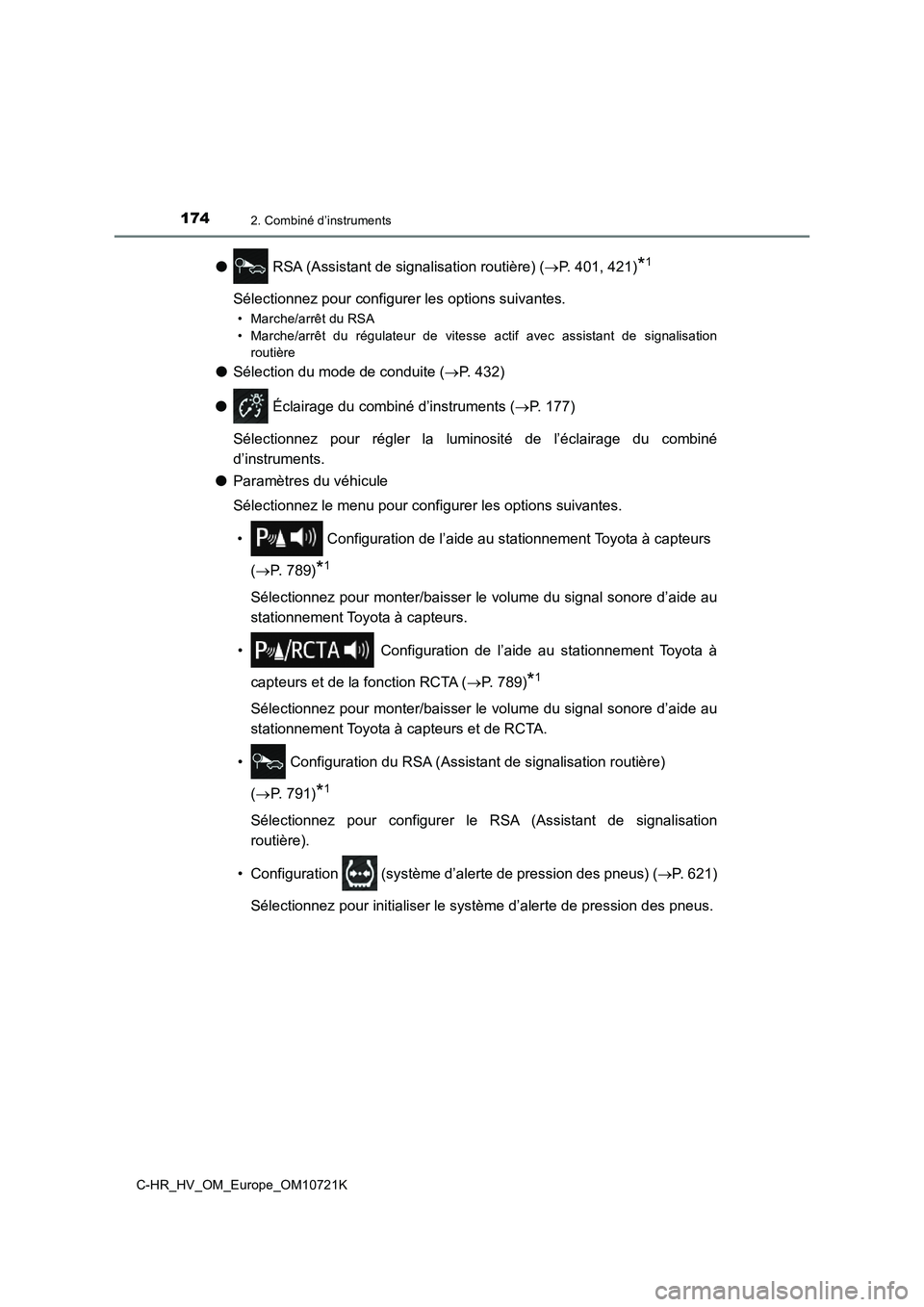 TOYOTA C-HR 2022 Notices Demploi (in French) 1742. Combiné d’instruments
C-HR_HV_OM_Europe_OM10721K
● RSA (Assistant de signalisation routière) (P. 401, 421)*1
Sélectionnez pour configurer les options suivantes.
• Marche/arrêt du RS TOYOTA C-HR 2022 Notices Demploi (in French) 1742. Combiné d’instruments
C-HR_HV_OM_Europe_OM10721K
● RSA (Assistant de signalisation routière) (P. 401, 421)*1
Sélectionnez pour configurer les options suivantes.
• Marche/arrêt du RS
