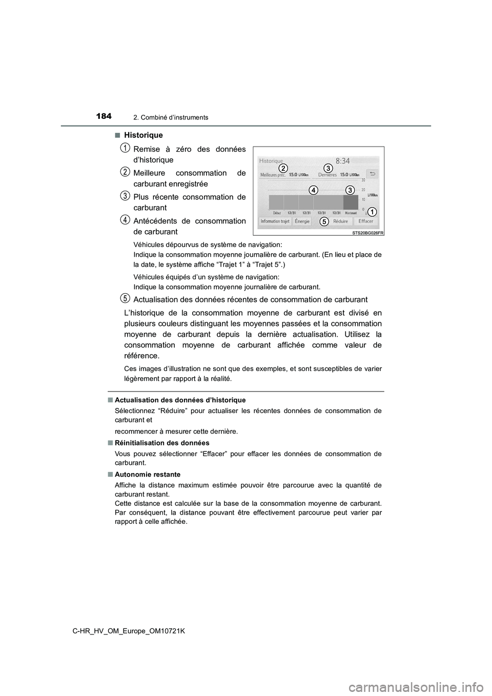 TOYOTA C-HR 2022  Notices Demploi (in French) 1842. Combiné d’instruments
C-HR_HV_OM_Europe_OM10721K 
■Historique 
Remise  à  zéro  des  données 
d’historique 
Meilleure  consommation  de 
carburant enregistrée 
Plus  récente  consomm