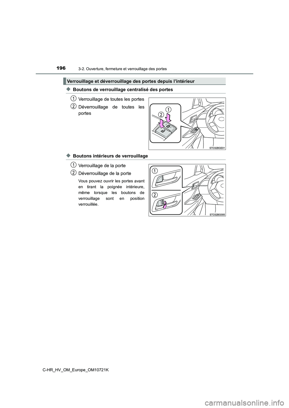 TOYOTA C-HR 2022  Notices Demploi (in French) 1963-2. Ouverture, fermeture et verrouillage des portes
C-HR_HV_OM_Europe_OM10721K
◆Boutons de verrouillage centralisé des portes 
Verrouillage de toutes les portes 
Déverrouillage  de  toutes  le