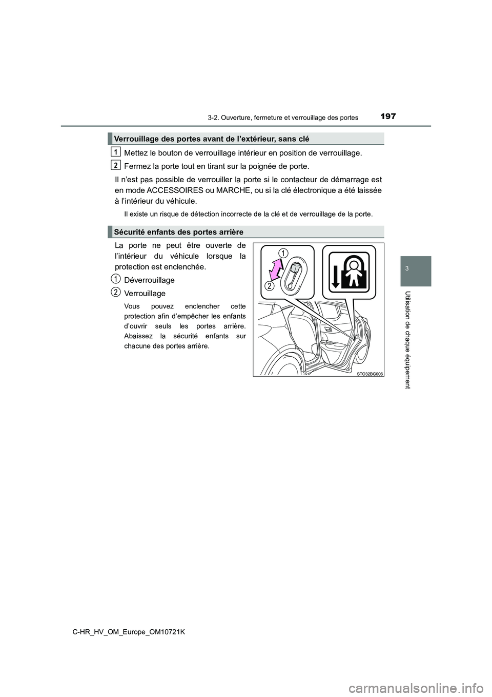 TOYOTA C-HR 2022  Notices Demploi (in French) 1973-2. Ouverture, fermeture et verrouillage des portes
3
Utilisation de chaque équipement
C-HR_HV_OM_Europe_OM10721K
Mettez le bouton de verrouillage intérieur en position de verrouillage. 
Fermez 