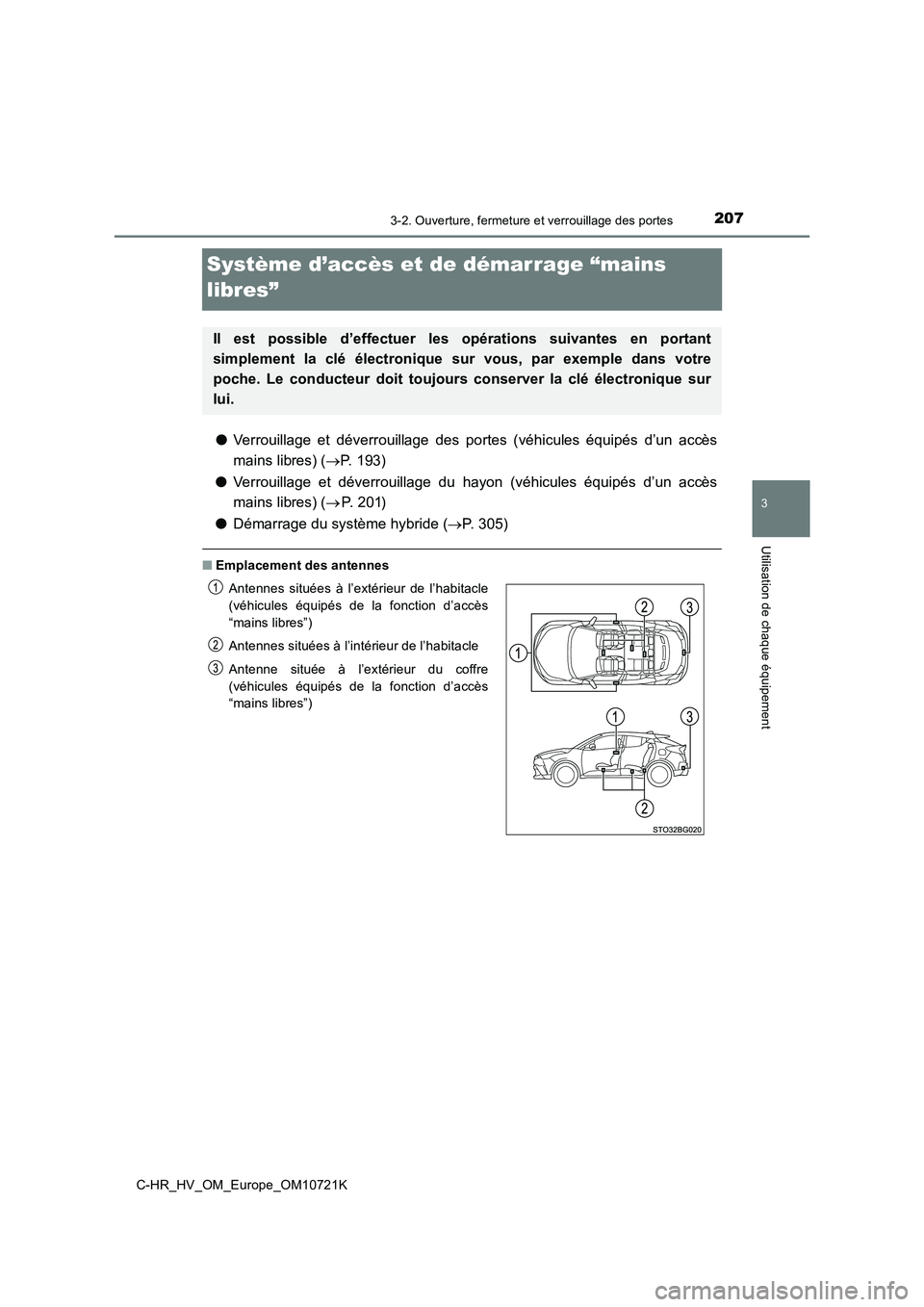 TOYOTA C-HR 2022  Notices Demploi (in French) 207
3
3-2. Ouverture, fermeture et verrouillage des portes
Utilisation de chaque équipement
C-HR_HV_OM_Europe_OM10721K
Système d’accès et de démarrage “mains  
libres”
● Verrouillage  et  