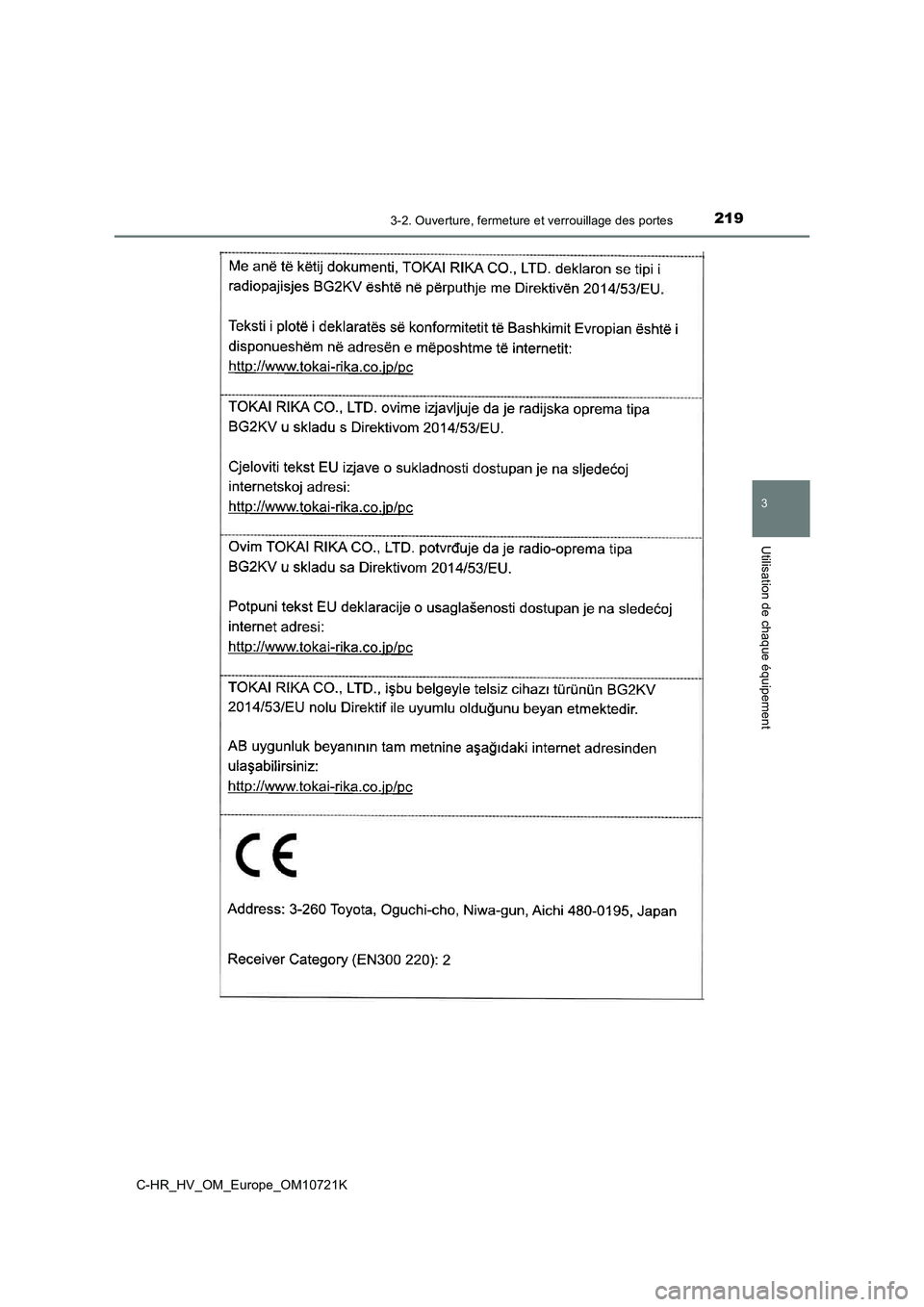 TOYOTA C-HR 2022  Notices Demploi (in French) 2193-2. Ouverture, fermeture et verrouillage des portes
3
Utilisation de chaque équipement
C-HR_HV_OM_Europe_OM10721K 