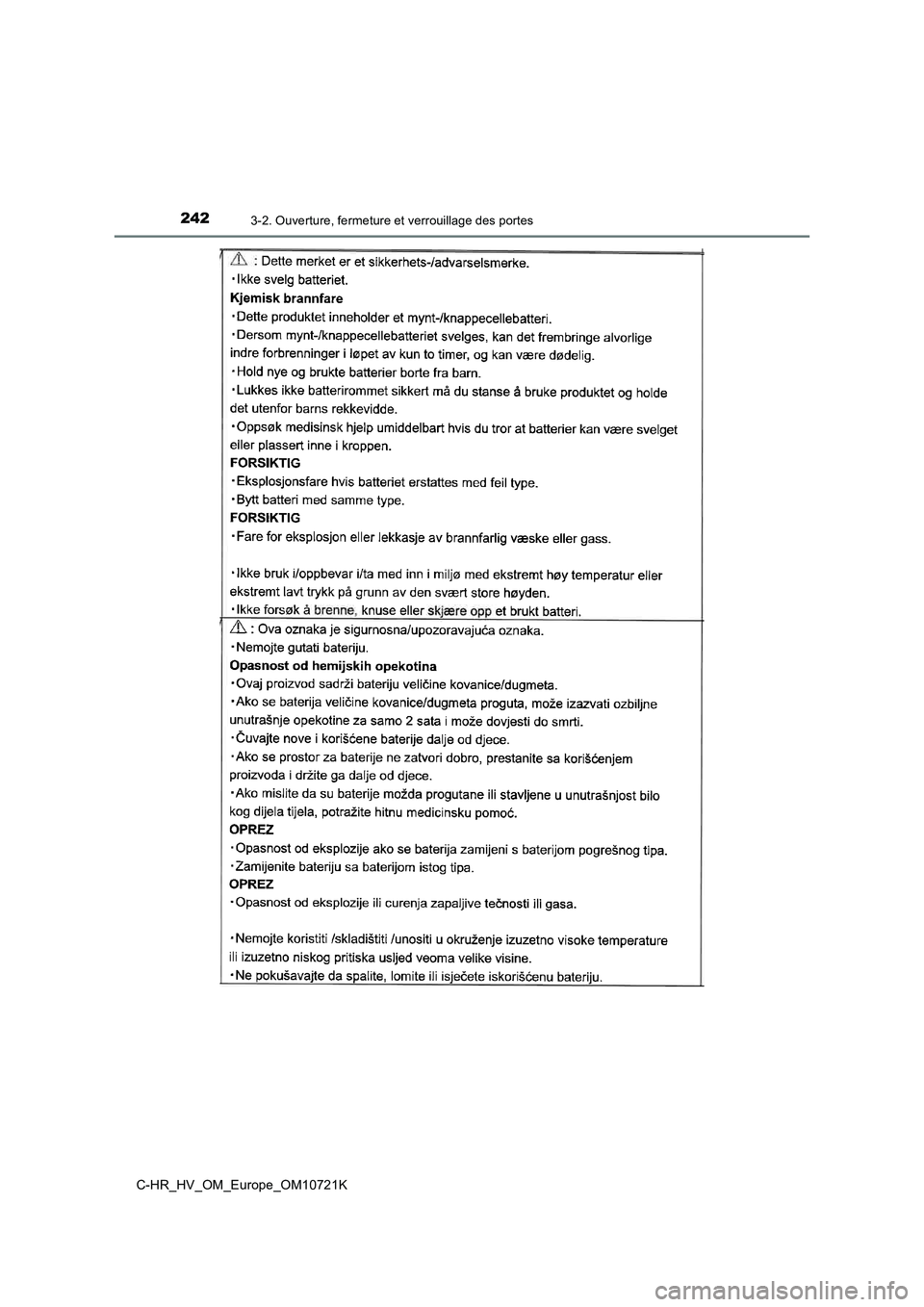 TOYOTA C-HR 2022  Notices Demploi (in French) 2423-2. Ouverture, fermeture et verrouillage des portes
C-HR_HV_OM_Europe_OM10721K 