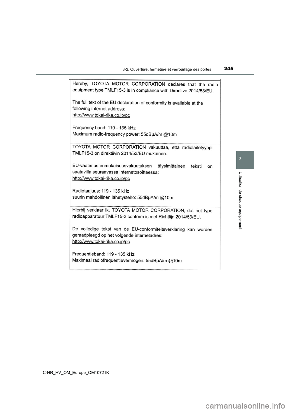 TOYOTA C-HR 2022  Notices Demploi (in French) 2453-2. Ouverture, fermeture et verrouillage des portes
3
Utilisation de chaque équipement
C-HR_HV_OM_Europe_OM10721K 