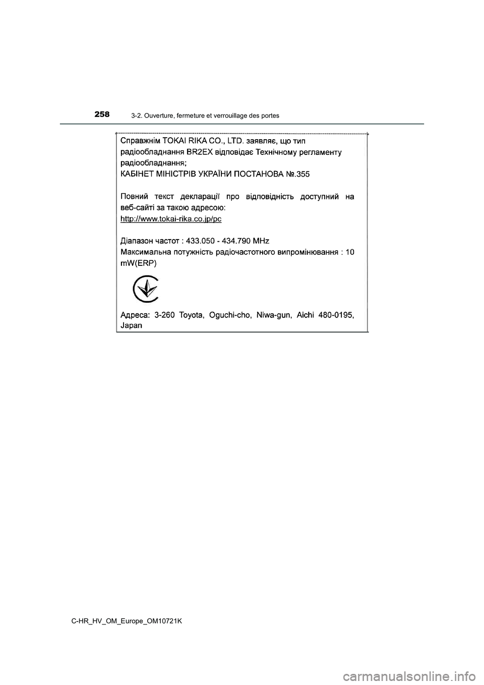 TOYOTA C-HR 2022  Notices Demploi (in French) 2583-2. Ouverture, fermeture et verrouillage des portes
C-HR_HV_OM_Europe_OM10721K 
