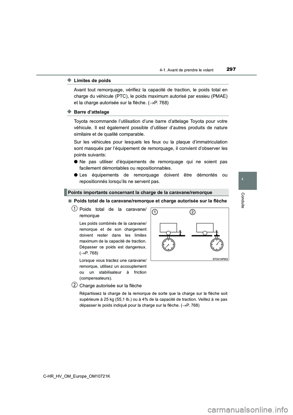 TOYOTA C-HR 2022  Notices Demploi (in French) 2974-1. Avant de prendre le volant
4
Conduite
C-HR_HV_OM_Europe_OM10721K
◆Limites de poids 
Avant  tout  remorquage,  vérifiez  la  capacité  de  traction,  le  poi ds  total  en 
charge du véhic