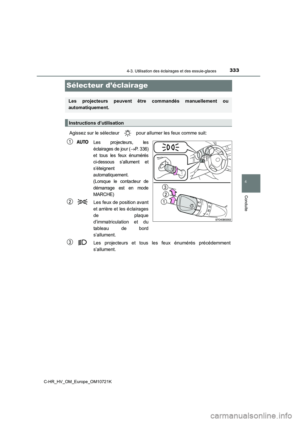 TOYOTA C-HR 2022  Notices Demploi (in French) 333
4
4-3. Utilisation des éclairages et des essuie-glaces
Conduite
C-HR_HV_OM_Europe_OM10721K
Sélecteur d’éclairage
Agissez sur le sélecteur   pour allumer les feux comme suit:
Les  projecteurs