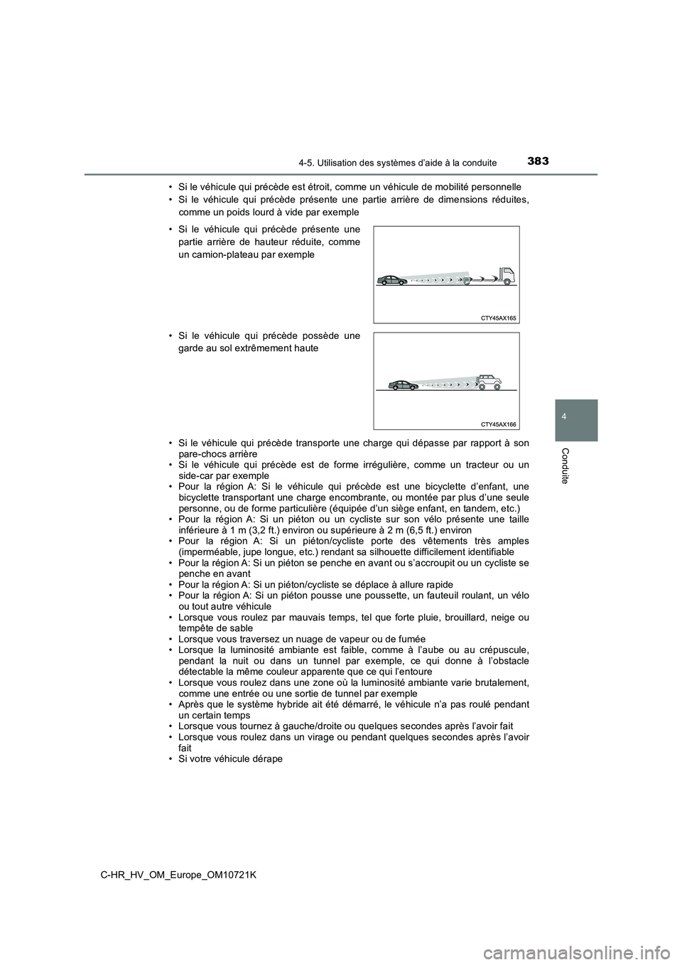TOYOTA C-HR 2022 Notices Demploi (in French) 3834-5. Utilisation des systèmes d’aide à la conduite
4
Conduite
C-HR_HV_OM_Europe_OM10721K
• Si le véhicule qui précède est étroit, comme un véhicule de mo bilité personnelle
• Si le TOYOTA C-HR 2022 Notices Demploi (in French) 3834-5. Utilisation des systèmes d’aide à la conduite
4
Conduite
C-HR_HV_OM_Europe_OM10721K
• Si le véhicule qui précède est étroit, comme un véhicule de mo bilité personnelle
• Si le