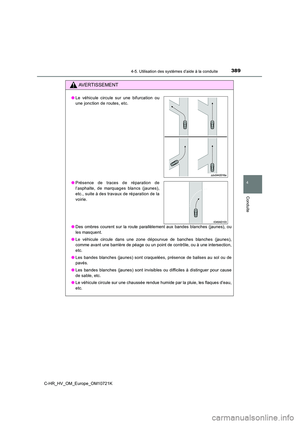 TOYOTA C-HR 2022  Notices Demploi (in French) 3894-5. Utilisation des systèmes d’aide à la conduite
4
Conduite
C-HR_HV_OM_Europe_OM10721K
AVERTISSEMENT
●Des  ombres  courent  sur  la  route  parallèlement  aux  bandes  blanches (jaunes),  