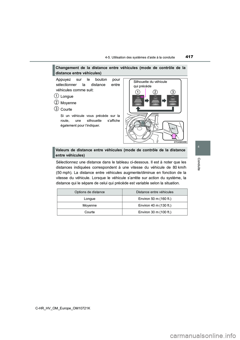 TOYOTA C-HR 2022 Notices Demploi (in French) 4174-5. Utilisation des systèmes d’aide à la conduite
4
Conduite
C-HR_HV_OM_Europe_OM10721K
Appuyez sur le bouton pour
sélectionner la distance entre
véhicules comme suit:
Longue
Moyen TOYOTA C-HR 2022 Notices Demploi (in French) 4174-5. Utilisation des systèmes d’aide à la conduite
4
Conduite
C-HR_HV_OM_Europe_OM10721K
Appuyez sur le bouton pour
sélectionner la distance entre
véhicules comme suit:
Longue
Moyen