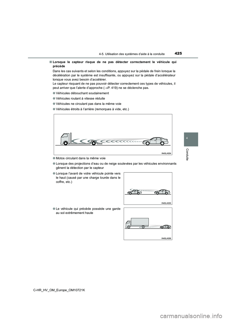 TOYOTA C-HR 2022  Notices Demploi (in French) 4254-5. Utilisation des systèmes d’aide à la conduite
4
Conduite
C-HR_HV_OM_Europe_OM10721K 
■ Lorsque  le  capteur  risque  de  ne  pas  détecter  correctement  le  véhicule  qui 
précède 
