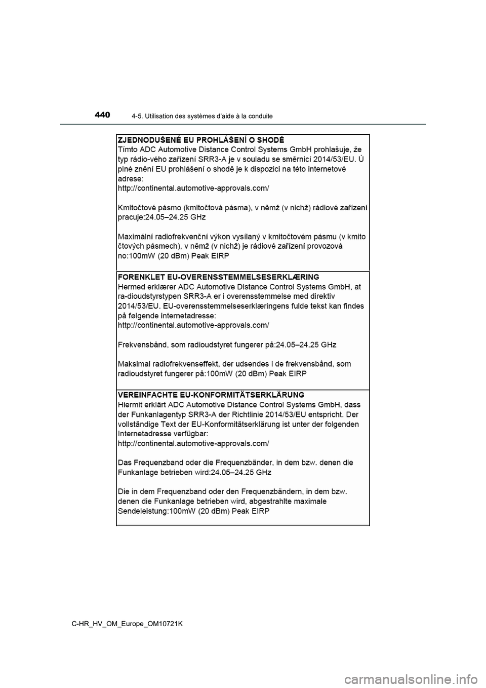TOYOTA C-HR 2022  Notices Demploi (in French) 4404-5. Utilisation des systèmes d’aide à la conduite
C-HR_HV_OM_Europe_OM10721K 