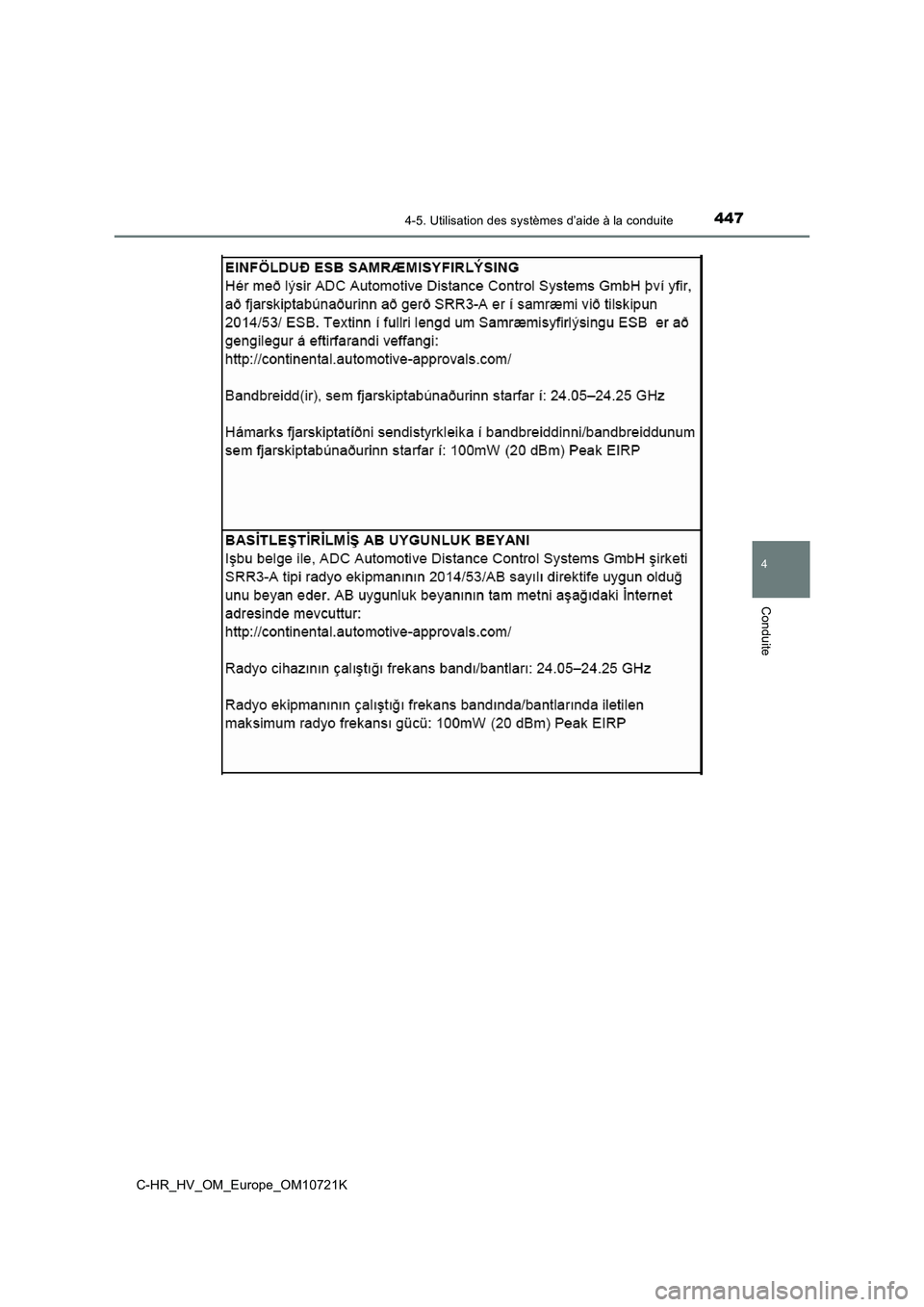 TOYOTA C-HR 2022  Notices Demploi (in French) 4474-5. Utilisation des systèmes d’aide à la conduite
4
Conduite
C-HR_HV_OM_Europe_OM10721K 