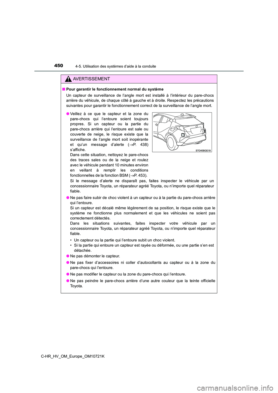 TOYOTA C-HR 2022  Notices Demploi (in French) 4504-5. Utilisation des systèmes d’aide à la conduite
C-HR_HV_OM_Europe_OM10721K
AVERTISSEMENT
■Pour garantir le fonctionnement normal du système 
Un  capteur  de  surveillance  de  l’angle  