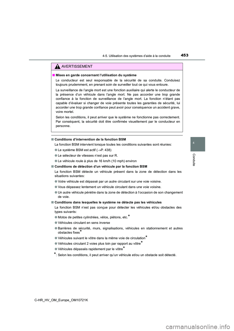 TOYOTA C-HR 2022  Notices Demploi (in French) 4534-5. Utilisation des systèmes d’aide à la conduite
4
Conduite
C-HR_HV_OM_Europe_OM10721K
■Conditions d’intervention de la fonction BSM 
La fonction BSM intervient lorsque toutes les conditi
