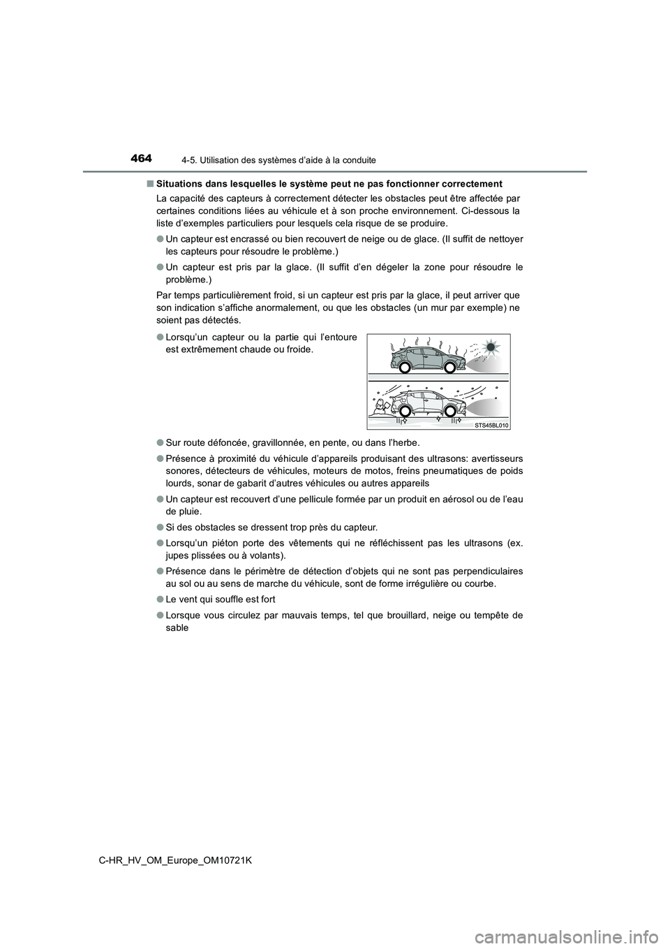 TOYOTA C-HR 2022 Notices Demploi (in French) 4644-5. Utilisation des systèmes d’aide à la conduite
C-HR_HV_OM_Europe_OM10721K
■ Situations dans lesquelles le système peut ne pas fonctionner correctement
La capacité des capteurs à corr TOYOTA C-HR 2022 Notices Demploi (in French) 4644-5. Utilisation des systèmes d’aide à la conduite
C-HR_HV_OM_Europe_OM10721K
■ Situations dans lesquelles le système peut ne pas fonctionner correctement
La capacité des capteurs à corr