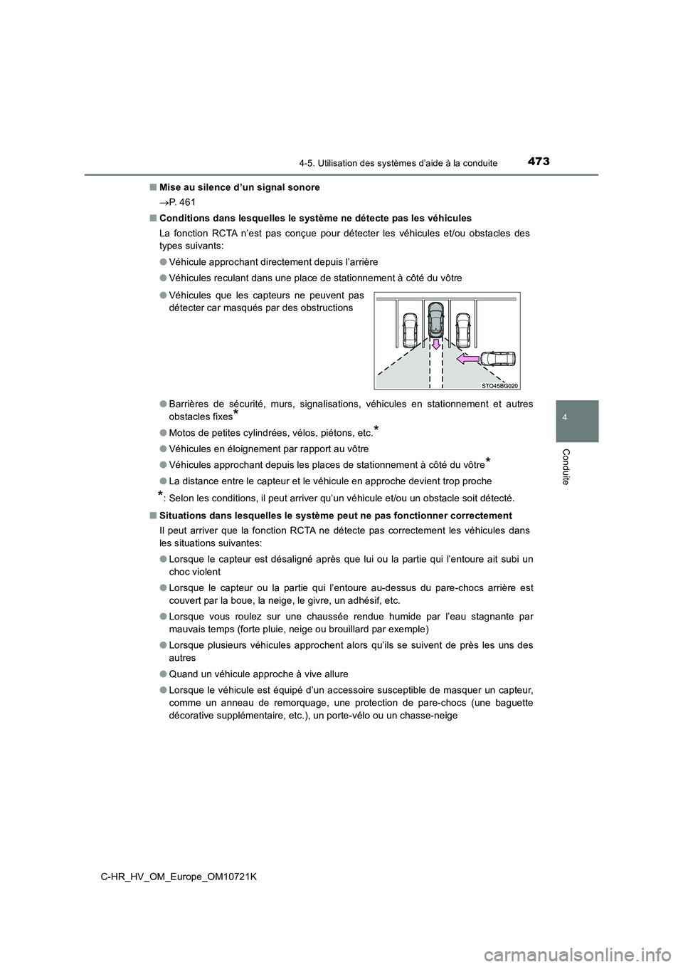 TOYOTA C-HR 2022 Notices Demploi (in French) 4734-5. Utilisation des systèmes d’aide à la conduite
4
Conduite
C-HR_HV_OM_Europe_OM10721K
■ Mise au silence d’un signal sonore
P. 4 6 1
■ Conditions dans lesquelles le système ne TOYOTA C-HR 2022 Notices Demploi (in French) 4734-5. Utilisation des systèmes d’aide à la conduite
4
Conduite
C-HR_HV_OM_Europe_OM10721K
■ Mise au silence d’un signal sonore
P. 4 6 1
■ Conditions dans lesquelles le système ne