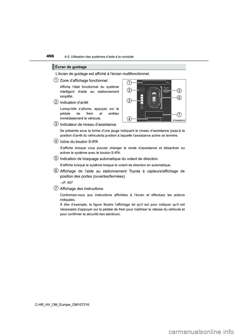 TOYOTA C-HR 2022 Notices Demploi (in French) 4964-5. Utilisation des systèmes d’aide à la conduite
C-HR_HV_OM_Europe_OM10721K
L’écran de guidage est affiché à l’écran multifonctionnel.
Zone d’affichage fonctionnel
Affiche l’ét TOYOTA C-HR 2022 Notices Demploi (in French) 4964-5. Utilisation des systèmes d’aide à la conduite
C-HR_HV_OM_Europe_OM10721K
L’écran de guidage est affiché à l’écran multifonctionnel.
Zone d’affichage fonctionnel
Affiche l’ét