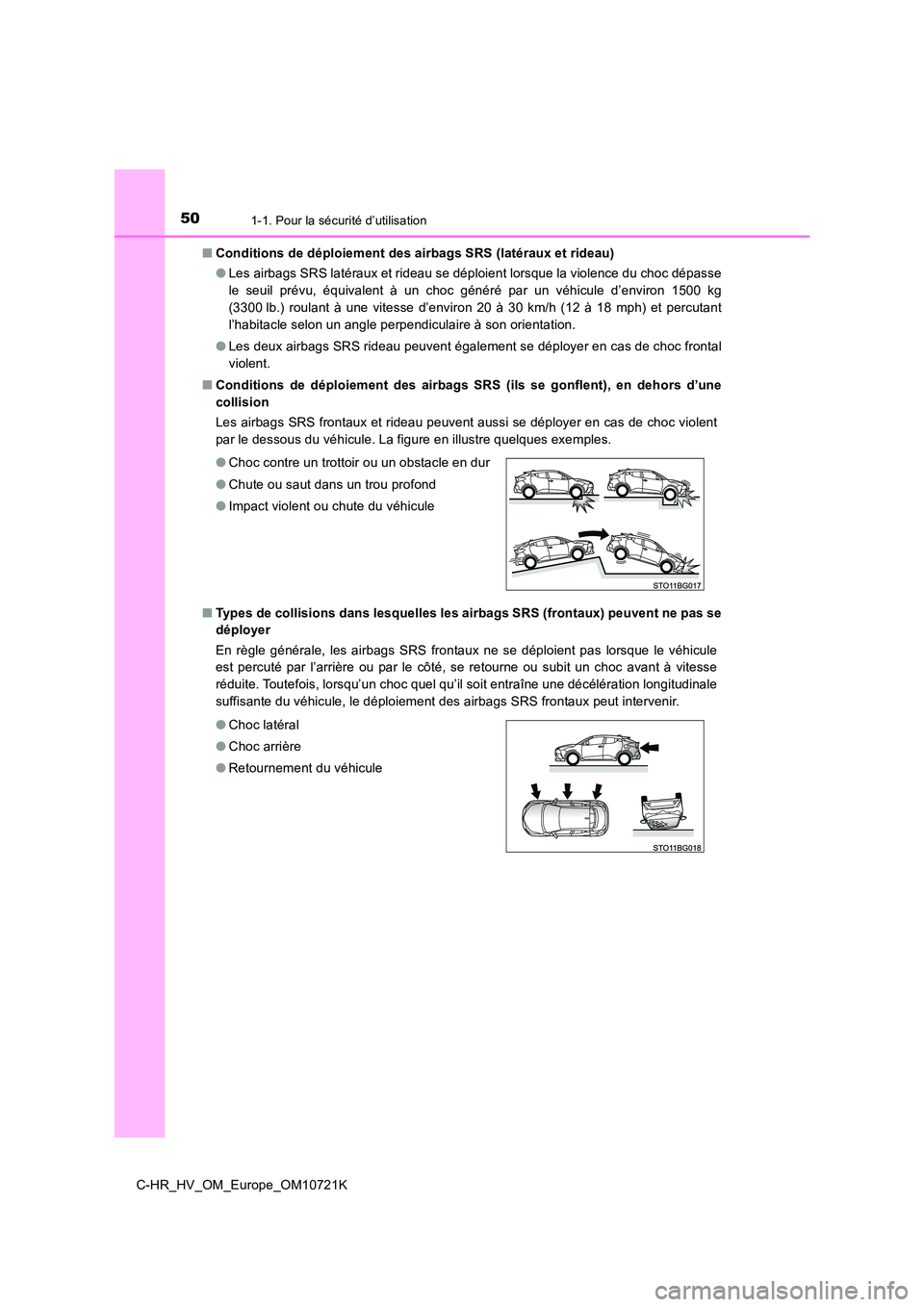 TOYOTA C-HR 2022 Notices Demploi (in French) 501-1. Pour la sécurité d’utilisation
C-HR_HV_OM_Europe_OM10721K
■ Conditions de déploiement des airbags SRS (latéraux et rideau)
● Les airbags SRS latéraux et rideau se déploient lorsqu TOYOTA C-HR 2022 Notices Demploi (in French) 501-1. Pour la sécurité d’utilisation
C-HR_HV_OM_Europe_OM10721K
■ Conditions de déploiement des airbags SRS (latéraux et rideau)
● Les airbags SRS latéraux et rideau se déploient lorsqu