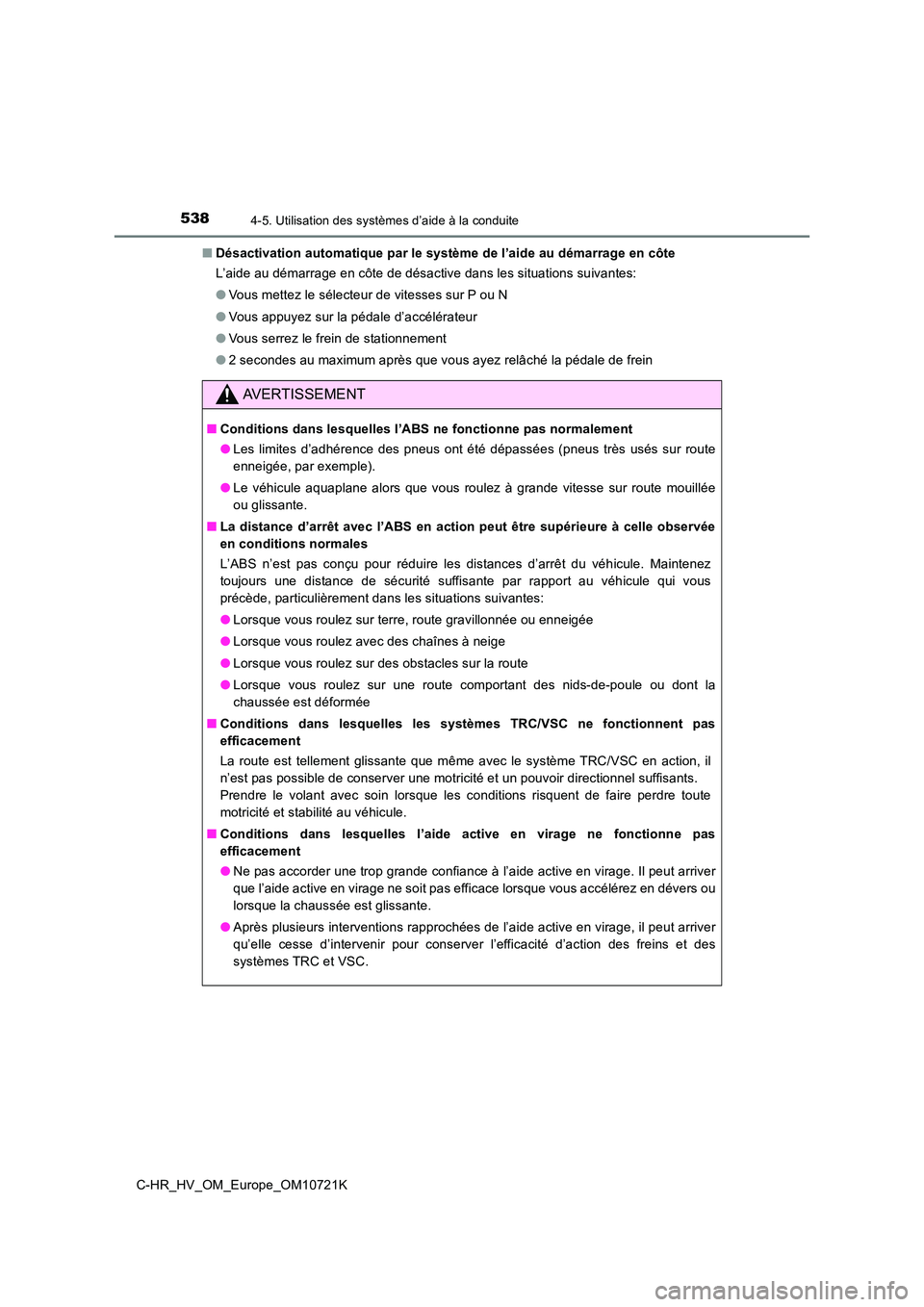 TOYOTA C-HR 2022 Notices Demploi (in French) 5384-5. Utilisation des systèmes d’aide à la conduite
C-HR_HV_OM_Europe_OM10721K
■ Désactivation automatique par le système de l’aide au démarrage en côte
L’aide au démarrage en côte TOYOTA C-HR 2022 Notices Demploi (in French) 5384-5. Utilisation des systèmes d’aide à la conduite
C-HR_HV_OM_Europe_OM10721K
■ Désactivation automatique par le système de l’aide au démarrage en côte
L’aide au démarrage en côte