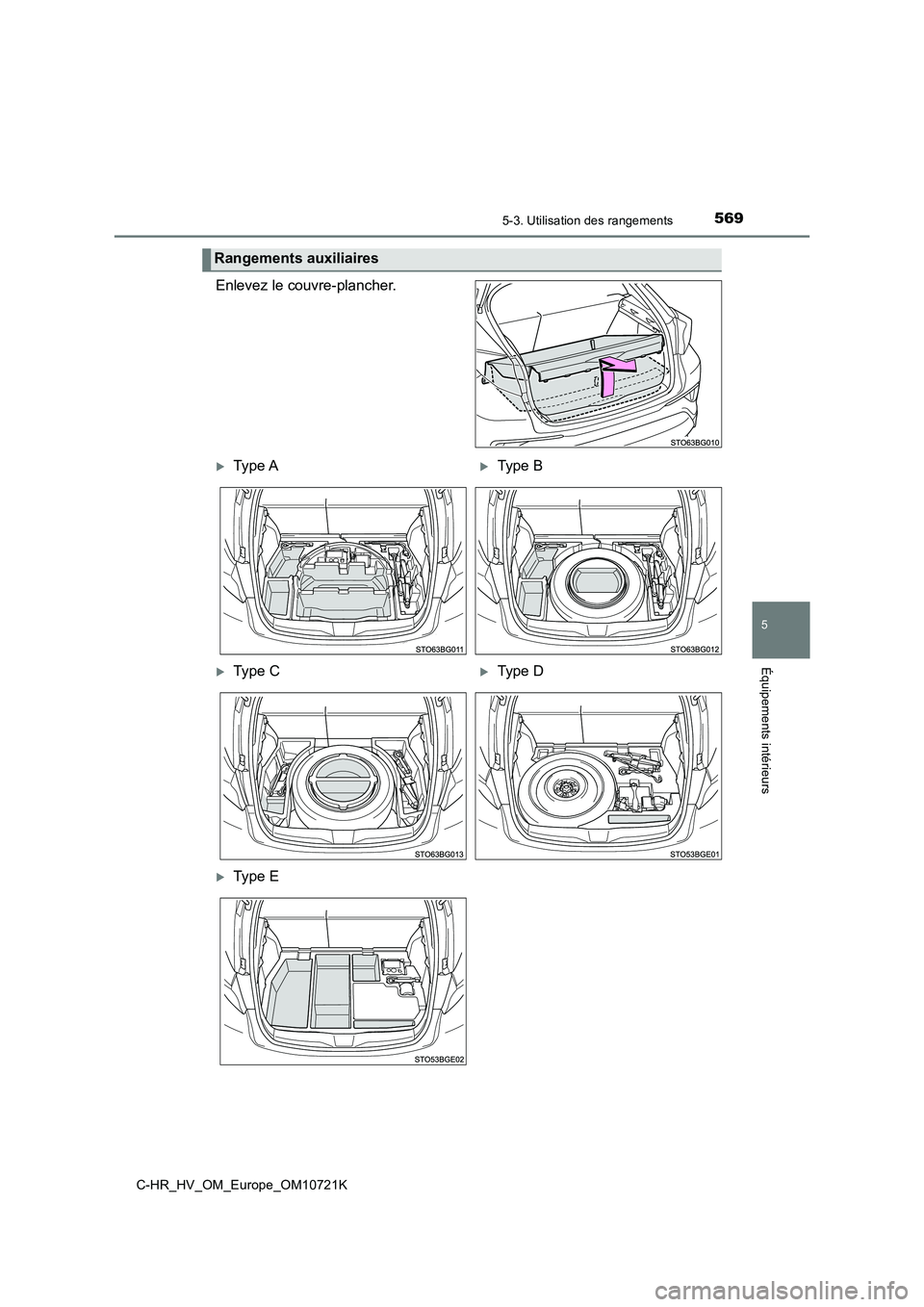 TOYOTA C-HR 2022  Notices Demploi (in French) 5695-3. Utilisation des rangements
C-HR_HV_OM_Europe_OM10721K
5
Équipements intérieurs
Enlevez le couvre-plancher.
Rangements auxiliaires
Type AType B
Type CType D
Type E 