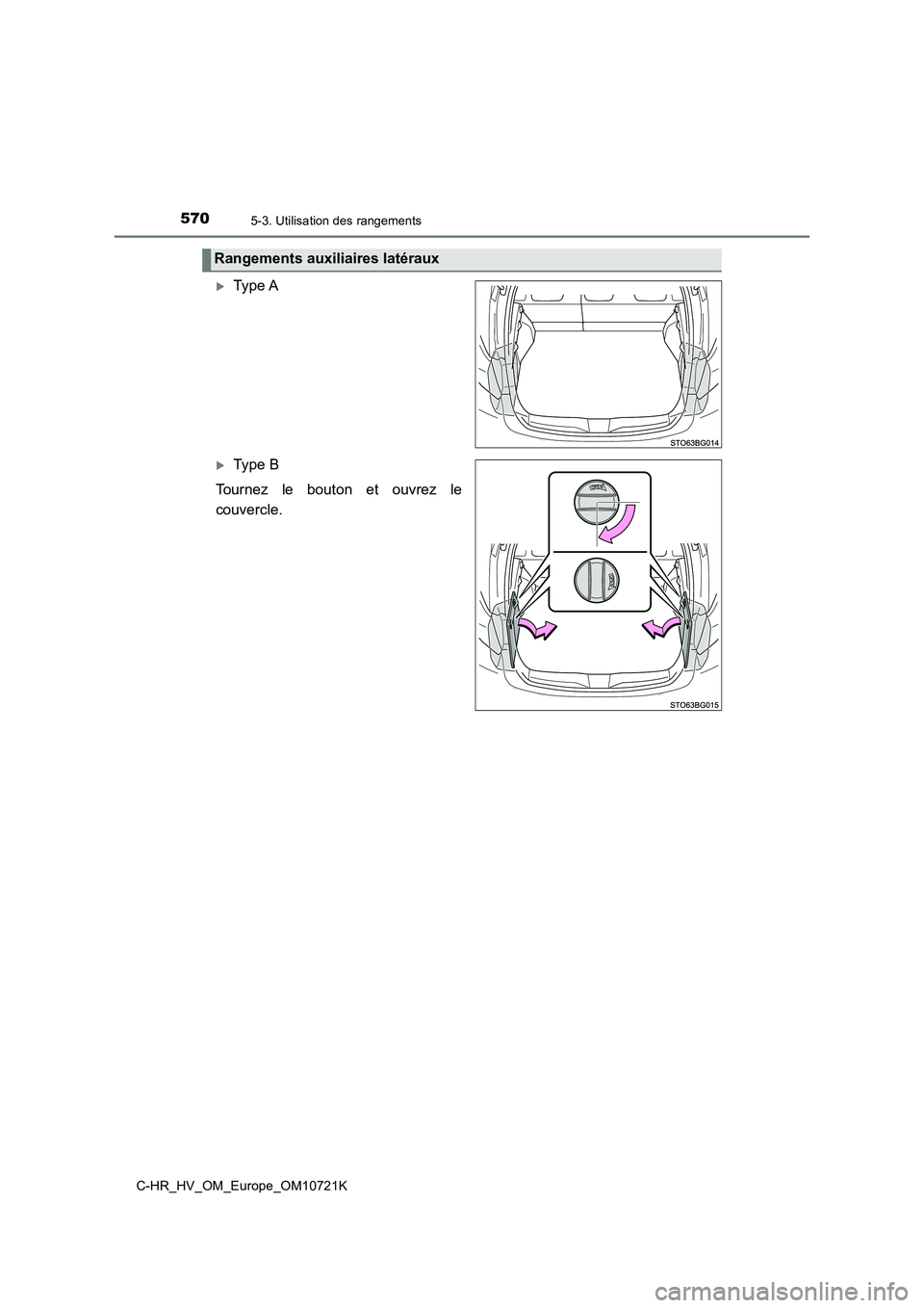 TOYOTA C-HR 2022  Notices Demploi (in French) 5705-3. Utilisation des rangements
C-HR_HV_OM_Europe_OM10721K
Type A
Type B 
Tournez  le  bouton  et  ouvrez  le 
couvercle.
Rangements auxiliaires latéraux 