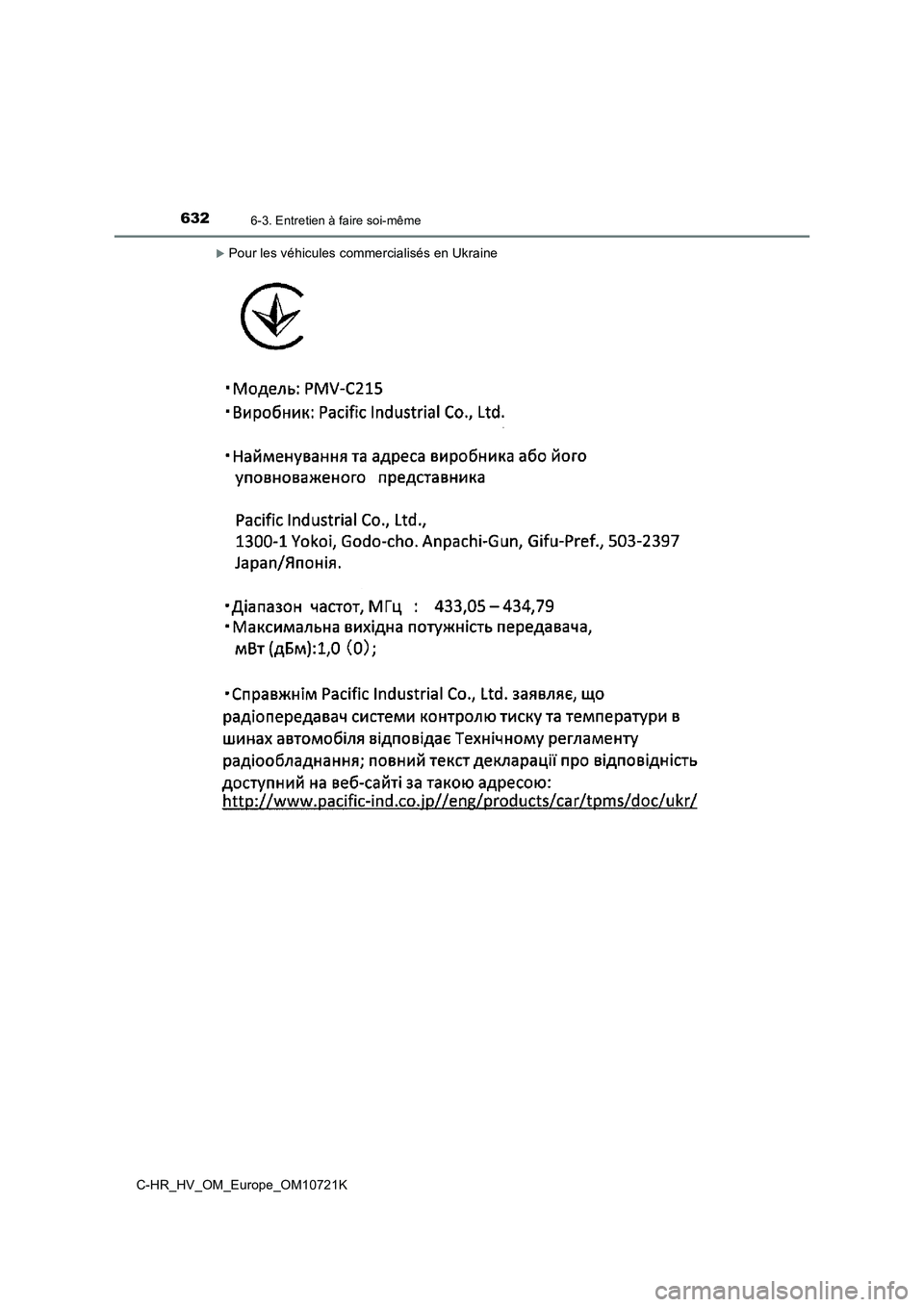 TOYOTA C-HR 2022  Notices Demploi (in French) 6326-3. Entretien à faire soi-même
C-HR_HV_OM_Europe_OM10721K
Pour les véhicules commercialisés en Ukraine 
